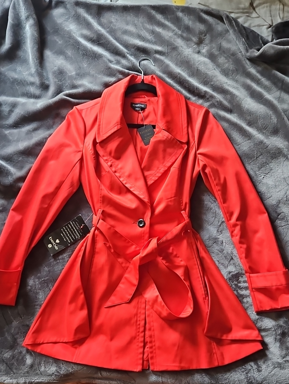bebe Bright Red Tie-Waist Trench Coat